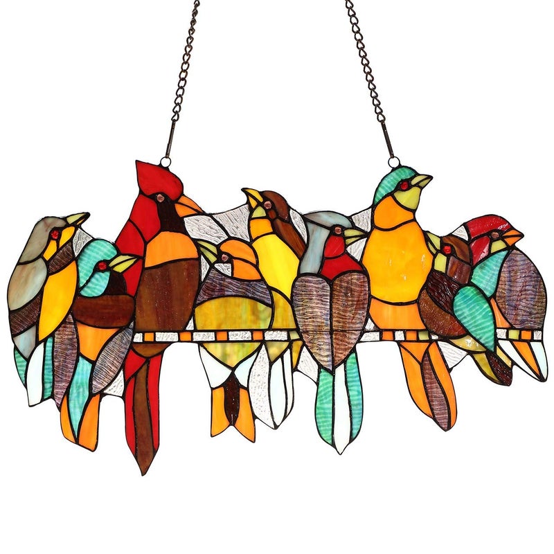 Bieye W10055 Tropical Birds on The Wire Tiffany Style Stained Glass Window Panel Hangings with Chain, 22" W x 13" H - Image 1